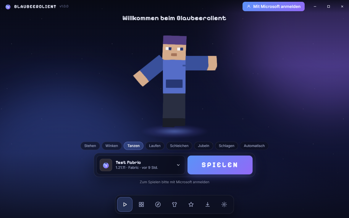 Blaubeerclient launcher play screen with a Minecraft panorama and character skin